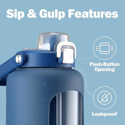 72oz Glass Water Bottle with 2-IN-1 Straw &Chug Lid, Large Motivational Glass Bottle with Capacity Marker and Silicone Sleeve, 2.1Liter Gallon Water Jug for Home, Sports, Gym, BPA Free-Blue