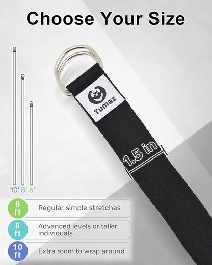 Tumaz Yoga Strap/Stretch Bands [15+ Colors, 6/8/10 Feet Options] with Extra Safe Adjustable D-Ring Buckle, Durable and Comfy Delicate Texture - Best for Daily Stretching, Physical Therapy, Fitness