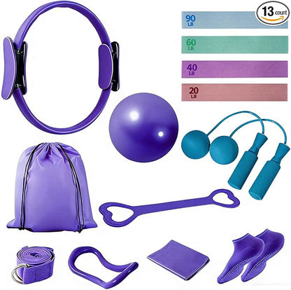 Pilates Essentials Kit for Women, Home Pilates Kit with 12.9" Ring and 9.8" Mini Ball, 4 Fabric Loop Bands, Figure-8 Band, Stretch Strap, Jump Rope, Carry Bag