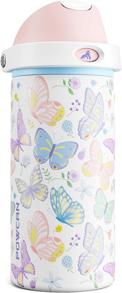 POWCAN 18 oz Insulated Water Bottle: 2-in-1 Push-Button Spout & Quick-Flip Straw Lid, Leakproof, Cold 24Hrs, Fits Car Cup Holder, Stainless Steel Bottle for Sports, Travel, School (Butterfly Garden)