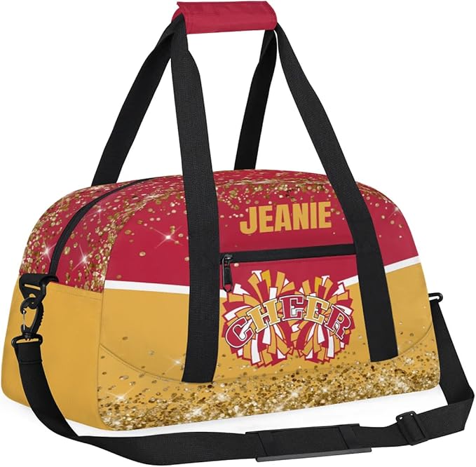 Personalized Cheer Gym Bags for Girls Kids Cheerleaders with Custom Name Sport Dance Perform Training Duffel Bags for Overnight Weekender Travel Red Yellow
