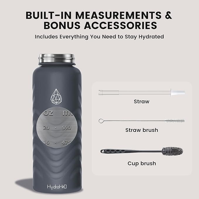 24oz Stainless Steel Insulated Water Bottle, 48H Ice Cold & 24H Hot, Leak-Proof Wide Mouth Lids (Straw & Spout), BPA-Free Bottles, Mens Water Bottle for Gym, Hiking, Travel - Grey