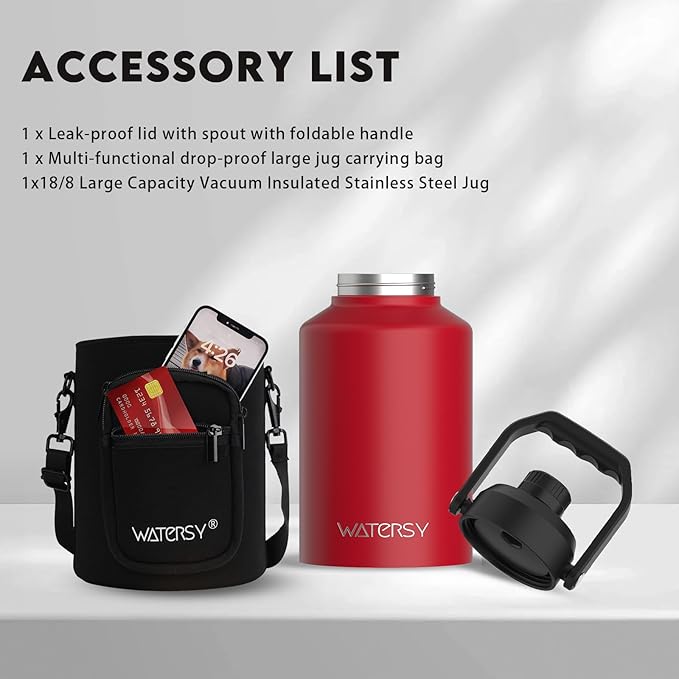 WATERSY Half Gallon Water Bottle Insulated(Cold for 48 Hrs),BPA Free&Leak Proof,64oz Stainless Steel Water Jug/Flask,Big thermo,Large Water Bottle with Handle for Gym,Hiking,Camping,Red