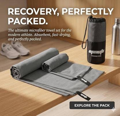 EPAuto 2-Pack Microfiber Quick Dry Towel Set - Lightweight, Super Absorbent & Compact Travel Towels (60"x30" & 24"x15") for Gym, Camping, Beach, Yoga & Backpacking, Gray