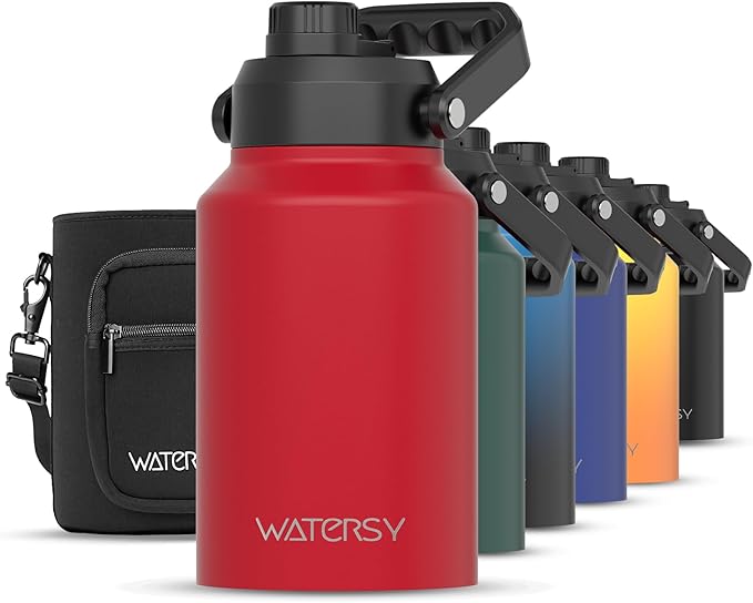 WATERSY Half Gallon Water Bottle Insulated(Cold for 48 Hrs),BPA Free&Leak Proof,64oz Stainless Steel Water Jug/Flask,Big thermo,Large Water Bottle with Handle for Gym,Hiking,Camping,Red