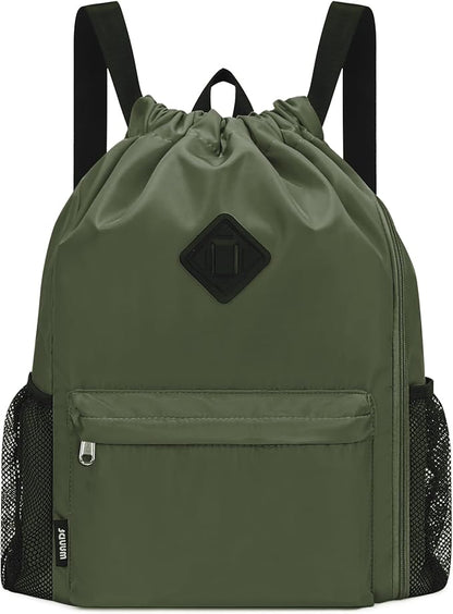 WANDF Drawstring Backpack Sports Gym Bag with Shoes Compartment, Water-Resistant String Backpack Cinch for Women Men (Large,Dark green)