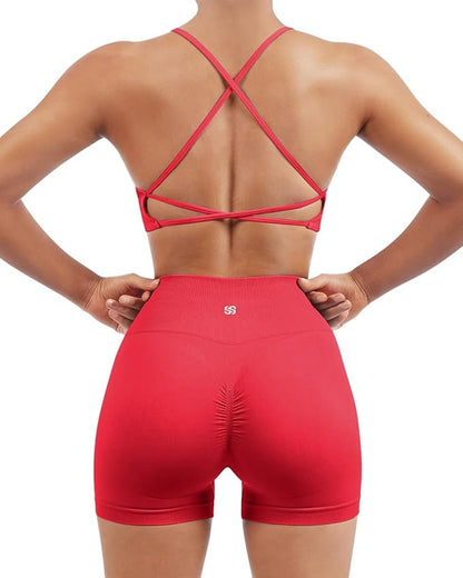SUUKSESS Women Seamless Workout Sets Strappy Sports Bra High Waist Booty Shorts Outfits