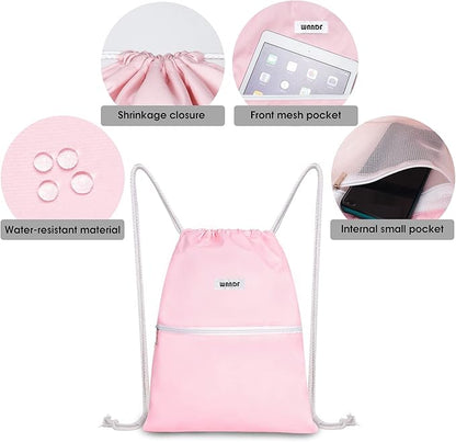 WANDF Drawstring Backpack String Bag Sackpack Cinch Water Resistant Nylon for Sport Yoga Gym Shopping (Light Pink)