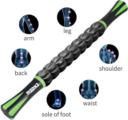 Muscle Roller Massage Roller Stick- Deep Tissue Fascia Blaster for Myofascial Pain Relief, Lymphatic Drainage & Body Sculpting, Handheld Physical Therapy & Recovery Tool (Green black-18 inch)