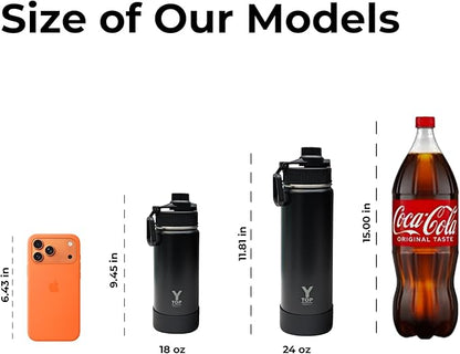Y TOP 18 oz Insulated Water Bottle Leak Proof Spout Lid Fits in Car Cup Holder – Double Wall Dishwasher Safe Easy Clean stainless steel drinking water bottle for Gym Kids Sports Travel Hiking School