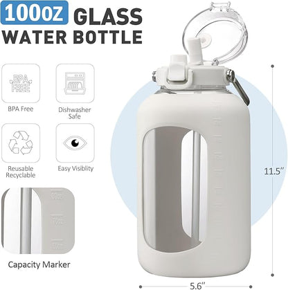 BLUEGO 100 oz Glass Water Bottle with Straw, Huge 3 Liter Water Bottle with Sturdy Handle, Glass Water Jug with Sleeve, Wide Mouth Water Container with Time Marker, White