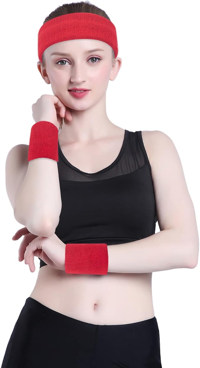 ONUPGO Sweatband Set Sports Headband Wristband Set Sweatbands Terry Cloth Wristband Wrist Sweatband Headbands Moisture Wicking Sweat Absorbing Head Band