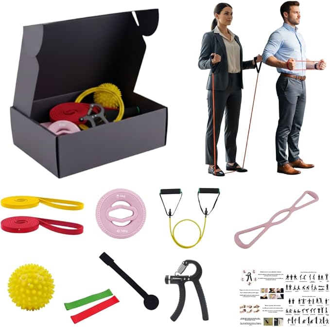 Office Workout Kit for Desk Workers – Resistance Bands, Loop Bands, Massage Ball, Wrist Strengthener & Exercise Guide – Quick 5-Minute Desk Exercises for Legs, Arms, Neck, Shoulders & Back