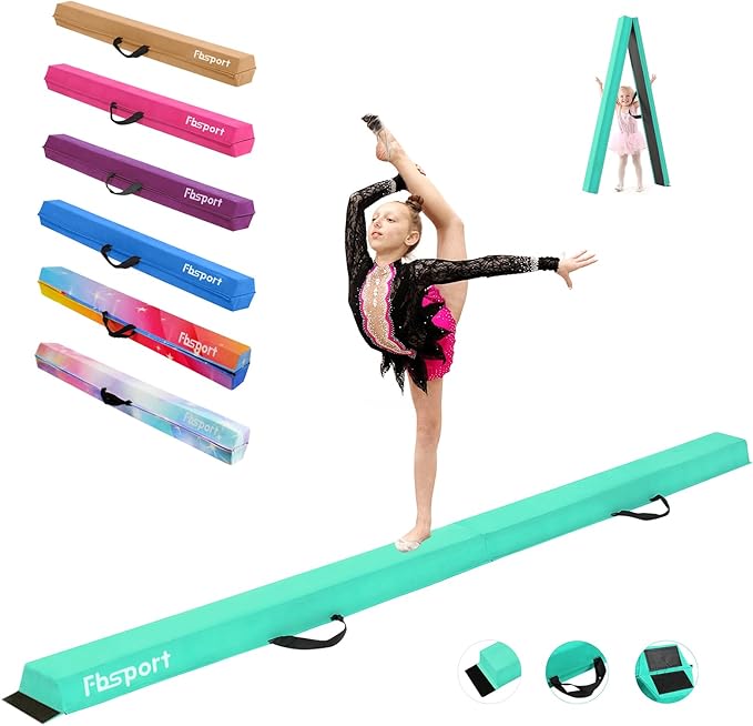 FBSPORT 8ft/9ft/9.5ft Balance Beam Folding Gymnastics Beam Foam Balance Floor Beam Equipment for Kids Adults, Suede Cover Anti Slip Base with Carry Bag for Home School Gym Training