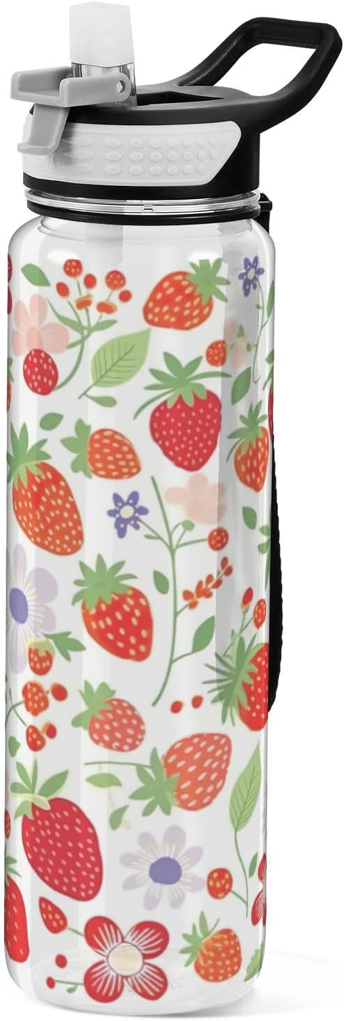 YETTASBIN Strawberry Flower Clear Water Bottle with Straw Lid, BPA-Free Leakproof Sport Water Bottle 32oz Large Gym Water Jug for Men Women Travel Fitness Outdoor