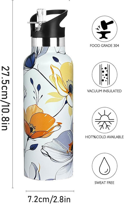 Abstract Floral Sport Water Bottle with Straw, Vacuum Insulated Stainless Steel Thermal Drinking Travel Mug Cups For Gym Fitness Camping-20oz/600ml