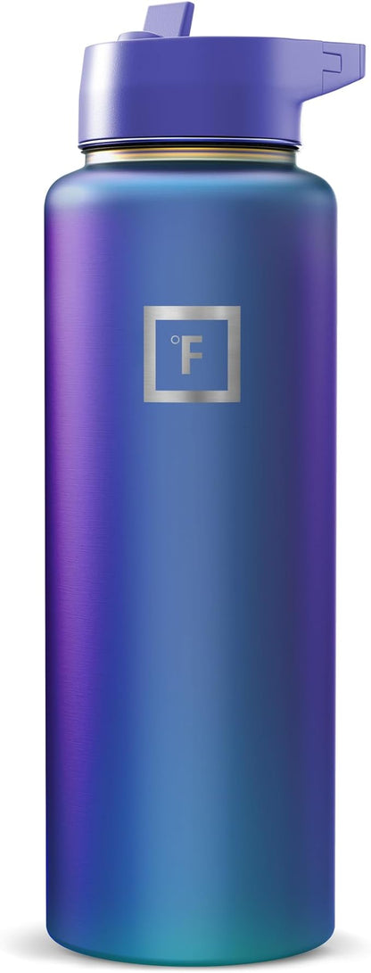 IRON °FLASK Camping & Hiking Hydration Flask with Straw, Wide Mouth Insulated Stainless Steel Sports Water Bottle - Aurora 40 oz - Straw (1 Lid)