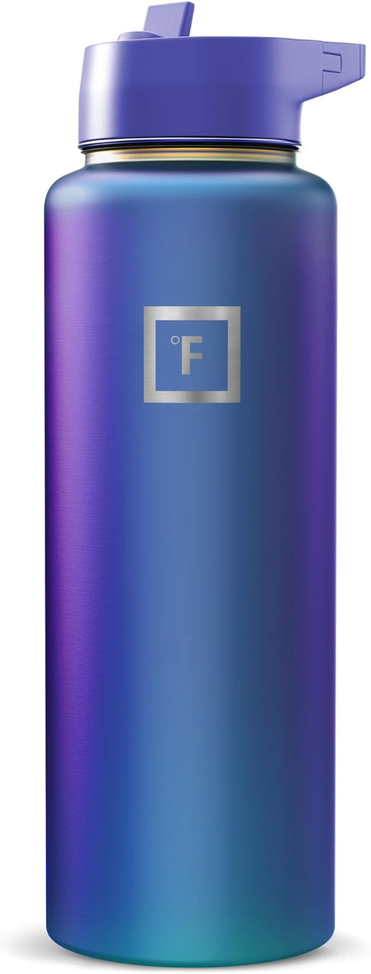 IRON °FLASK Camping & Hiking Hydration Flask with Straw, Wide Mouth Insulated Stainless Steel Sports Water Bottle - Aurora 40 oz - Straw (1 Lid)