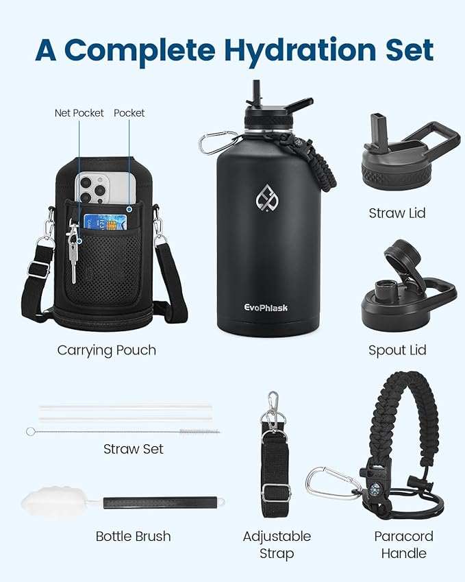 1 Gallon Water Bottle Insulated, Vacuum Stainless Steel Water Bottle Keep Cold 48Hrs, 128 oz Large Gallon Water Jug for Travel, Sport, Gym, Hiking with Carrier Bag, Black