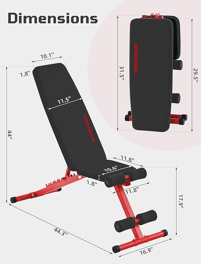 SPORTSOUL 880LB Weight Bench for Home Gym, 8-Position Backrest Adjustable Workout Bench for Strength Training – Incline Decline Flat, Foldable & Compact for Small Space Apartment Room Garage