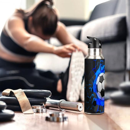 Insulated Stainless Steel Water Bottle with Straw 20oz Blue Black 3d Sport Soccer Football Sports Water Bottles BPA Free Leakproof Metal Vacuum Flask Jug for Kids Gym Fitness