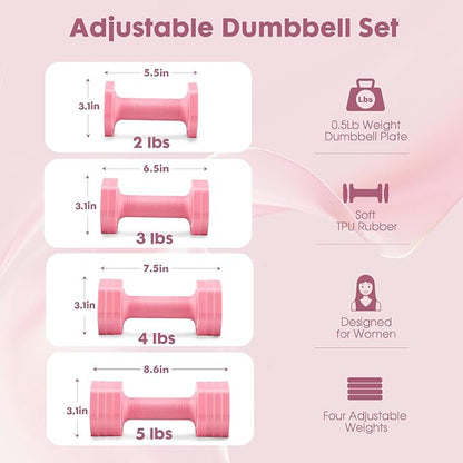 Adjustable Dumbbell Set, 4 in 1 Free Weights Dumbbells Set for Women, Weights for Women at Home, 2lb 3lb 4lb 5lb with TPU Soft Rubber Handle for Home Gym Exercise Training