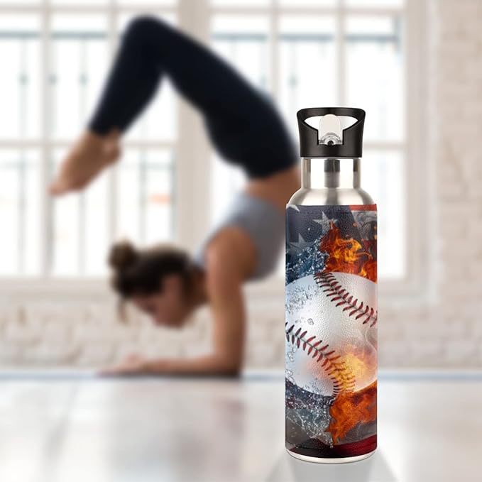 Insulated Stainless Steel Water Bottle with Straw 20oz Red Blue Usa Flag Sport Baseball Sports Water Bottles BPA Free Leakproof Metal Vacuum Flask Jug for Kids Gym Fitness