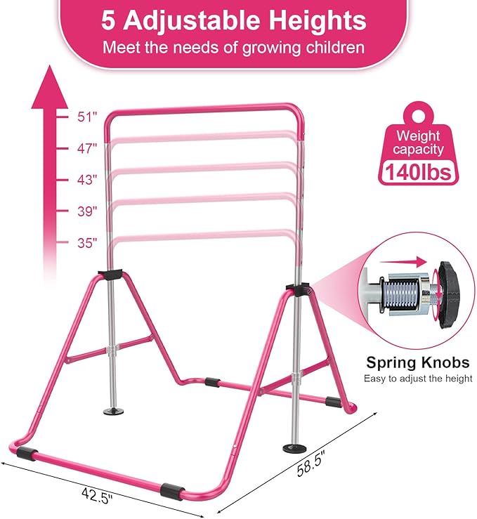 SHIWEI Gymnastics Bar for Kids, Foldable Gymnastic Bar with 5 Adjustable Height, Expandable Training Equipment for Indoor/Outdoor