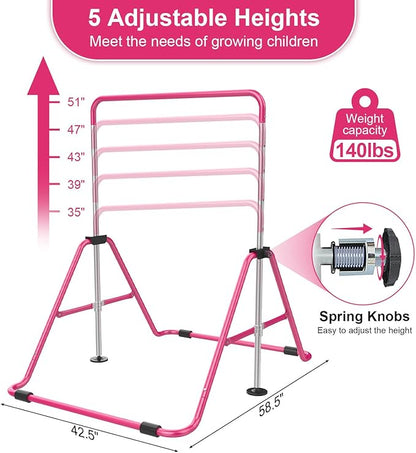 SHIWEI Gymnastics Bar for Kids, Foldable Gymnastic Bar with 5 Adjustable Height, Expandable Training Equipment for Indoor/Outdoor