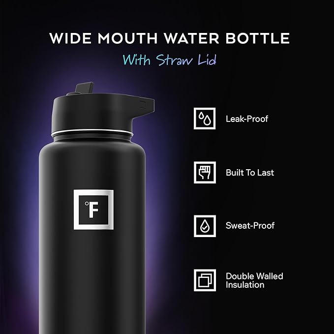 IRON °FLASK Camping & Hiking Hydration Flask with Straw, Wide Mouth Insulated Stainless Steel Sports Water Bottle - 40 oz Twilight Blue