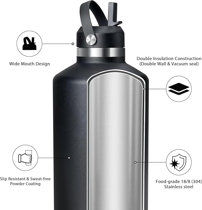 Gallon Water Bottle,128oz Stainless Steel Water Bottles Insulated,Double Wall & Leak Proof, Travel,Football,Gym,Camping Essentials,Keep Cold All Day,Black