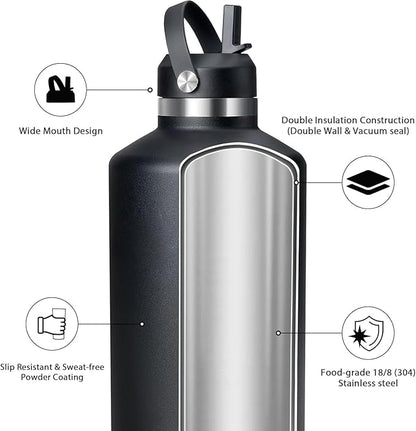 Gallon Water Bottle,128oz Stainless Steel Water Bottles Insulated,Double Wall & Leak Proof, Travel,Football,Gym,Camping Essentials,Keep Cold All Day,Black