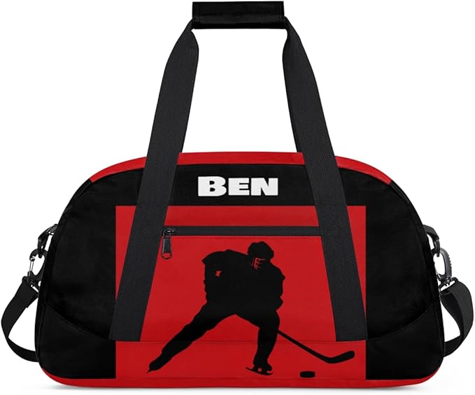 Personalized Sports Gym Bag Boys, Custom Large Sport Duffel Bag Weekender Baseball Football Basketball Bag Travel Training Bag, Ice Hockey Black Red Background