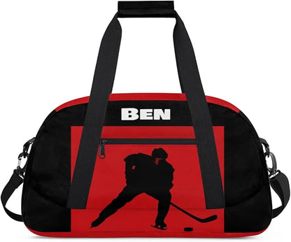 Personalized Sports Gym Bag Boys, Custom Large Sport Duffel Bag Weekender Baseball Football Basketball Bag Travel Training Bag, Ice Hockey Black Red Background