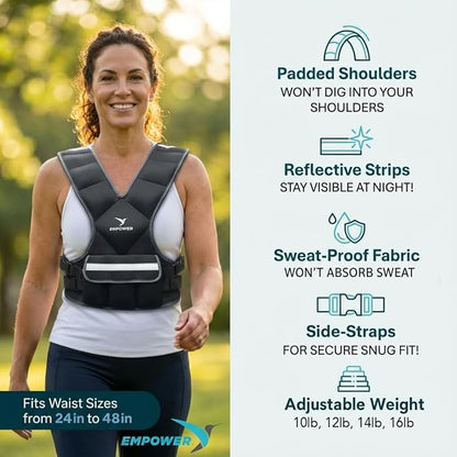 EMPOWER Weighted Vest for Women with Reflective Strips – Fixed 8lbs, Adjustable 4-10lbs (4 in1) or Adjustable10-16lbs (4 in 1), Strengthen Muscles, Boost Bone Health, and Burn More Calories for Workout - Rucking Vest