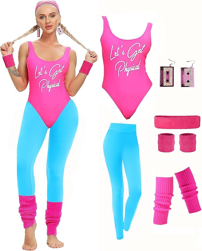MIAIULIA Womens 80s Workout Costume Outfit 80s Accessories Set Leotard Neon Legging Headband Wristbands Set