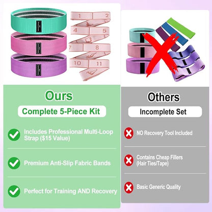 2-in-1 Fabric Resistance Bands Set & Numbered Elastic Stretching Strap - Non-Slip Glute Bands for Women, 12-Loop Stretch Workout Band with Visual Guide for Flexibility, Yoga, Rehab