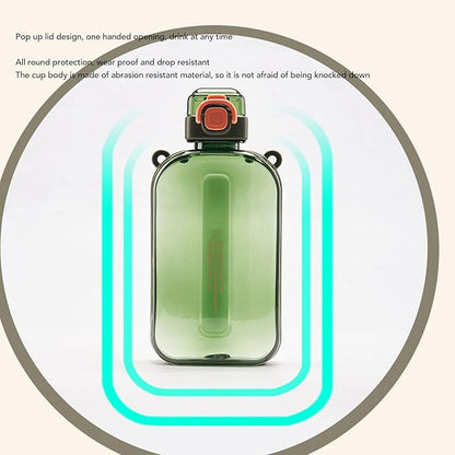 Pomya Flat Water Bottle, Portable Travel Mug, Lightweight Leakproof Slim Water Bottles with Strap for Sports Camping Gym Fitness Outdoor Backpacking Hiking, Ultra Light, 750ml(Green)