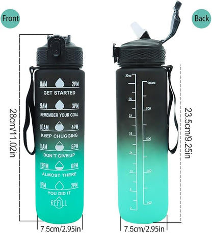 32oz Sports Water Bottle Outdoor, with Drinking Time and Capacity Labels, Sport Water Cups with Straw,BPA Free Leak Proof,for Fitness Gym Running Climbing(Black green)