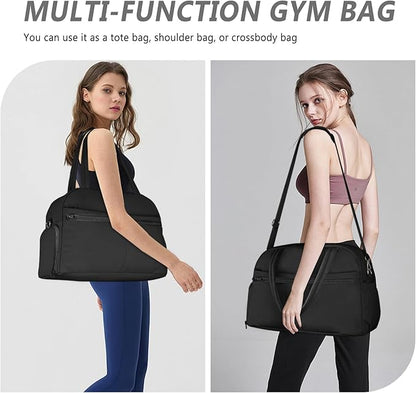 Sports Gym Bag for Women, Lightweight Travel Duffle Bags with Shoe Compartment & Wet Pocket, Weekender Overnight Bag Fitness Workout Bag with Toiletry Bag (Black)