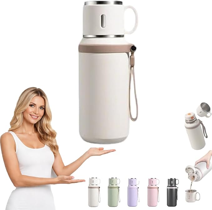 2 In 1 Stainless Steel Vacuum Insulated Bottle with Lidded Cup, Insulated Tumblers with Handles, Leakproof Large Capacity Water Bottle, Keeps Drinks Hot & Cold for Travel, Gym, School (White)