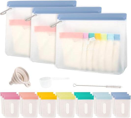 Protein Powder Travel Container Set,Reusable Powder Supplement Container To Go,21Pcs Single Dose Bags & 3Pcs Large Zip Bags,Portable Travel Containers with Funnel,Spoon