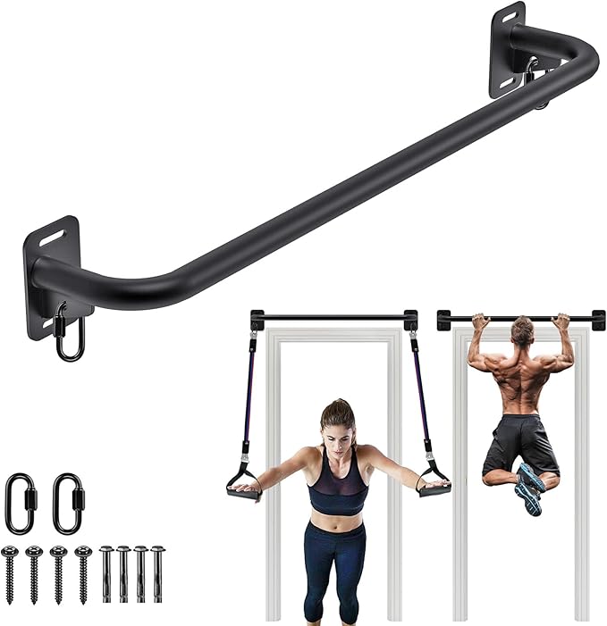 Pull Up Bar Wall Mount 440 LBS Capacity Doorway Chin Up Bar Multifunctional Steel Chinup Bar with with Resistance Band Hooks for Indoor Home Gym Garage