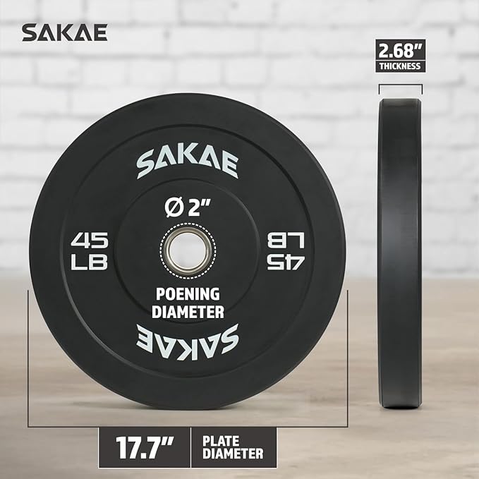 SAKAE Olympic Rubber Bumper Plates, 2-Inch Weight Plate Set with Steel Hub, Ideal for Weightlifting, CrossFit, Strength Training & Home Gym Workout, Available in Single, Pair & Sets, Multiple Sizes