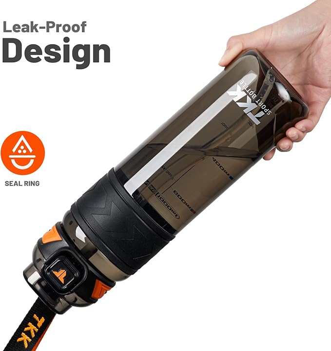 TKK Sports Water Bottles with Removable Straw 34 oz Leak-proof Flip Top Lid BPA Free Tritan Bottles with Strap for School, Fitness, Gym, Outdoor, Black