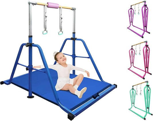 Foldable & Moveable Gymnastics Horizontal Bar with Rings,3’to 5’Adjustable Height Expandable Junior Kip Bar for Home,Indoor Gym Equipment for Kids