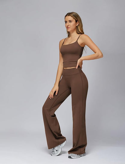 Womens Workout Sets Two Piece Spaghetti Straps Crop Top Matching Straight Leg Pants Gym Work Pilates Outfits