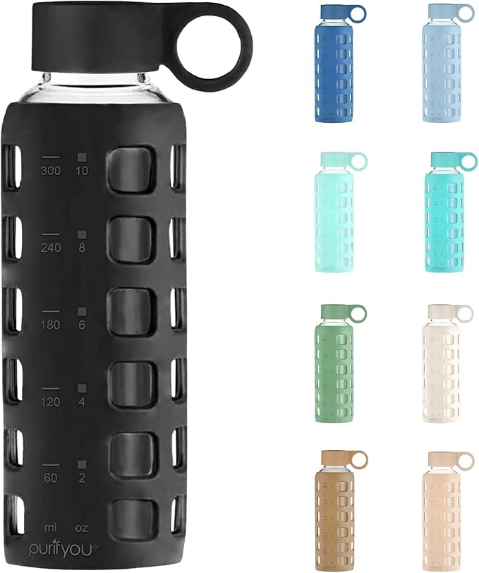 purifyou 40oz / 32oz / 22oz / 12oz Borosilicate Glass Water Bottle with Time & Volume Markers, Silicone Sleeve, Stainless Steel Lid | Reusable Glass Bottle for Water & Juice (12oz Jet Black)