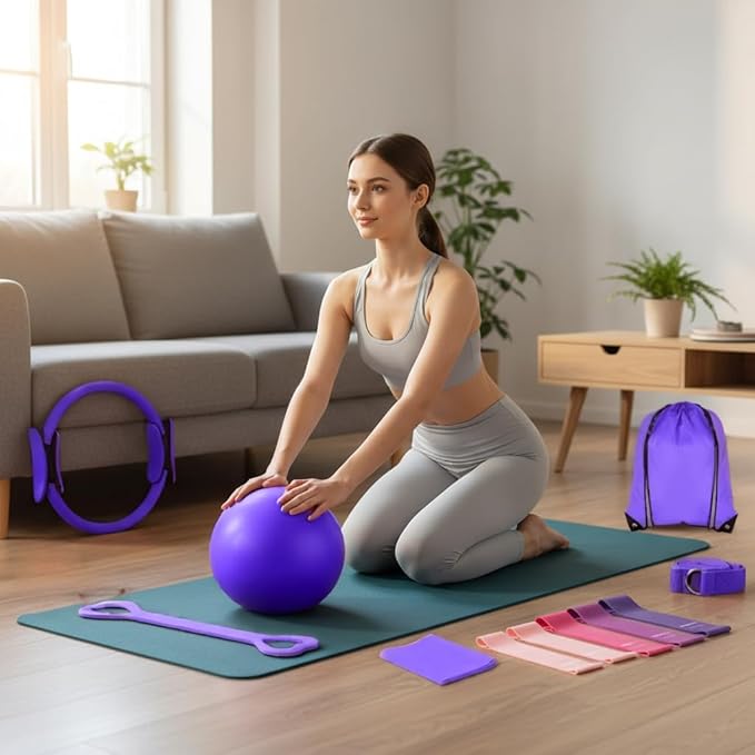 Home Pilates Kit for Women, 13 PCS Pilates Equipment with 13" Pilates Ring Set, 9" Yoga Ball, Cooling Towel, 6 Pilates Resistance Bands for Stretching for Beginners