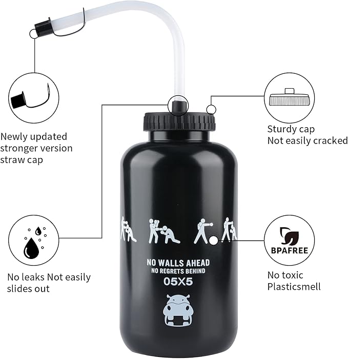 SHOKE Long Straw Water Bottle Hockey Boxing 1 Liter Water Bottle Football BPA Free Squeeze Leak Proof Sports Water Bottles for Baseball Lacrosse Cycling Sport Large Capacity 32 Oz/1 Liter-Black